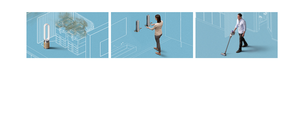 Dyson purifier removing pollutants from air, Woman using Dyson airblade to dry hands, Man using Dyson cordless vacuum to clean floors