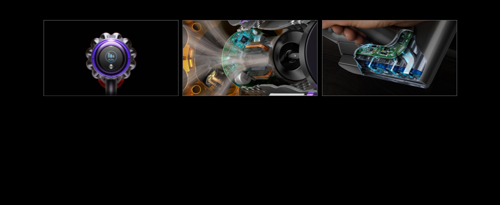 Close up of the LCD screen, Close up of Dyson Hyperdymium motor, Shot of Dyson battery technology