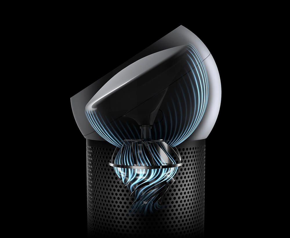 Airflow travels through the Dyson personal purifier fan's apertures, on each side of the convex dome