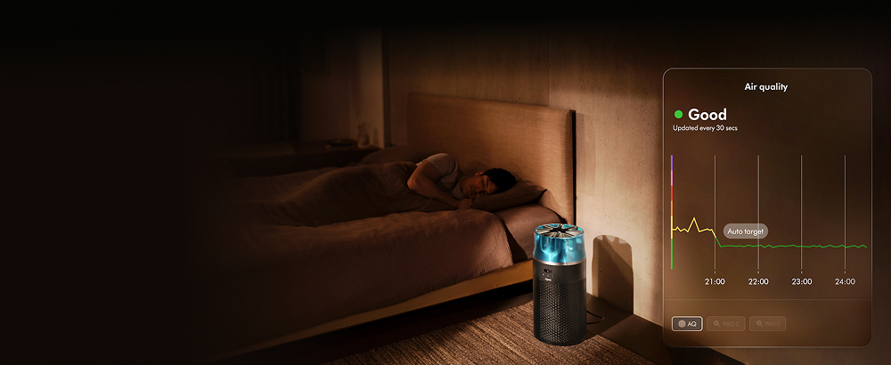 The Dyson HushJet Compact Purifier operates in a bedroom next to a sleeping person. A graph shows air quality over time.