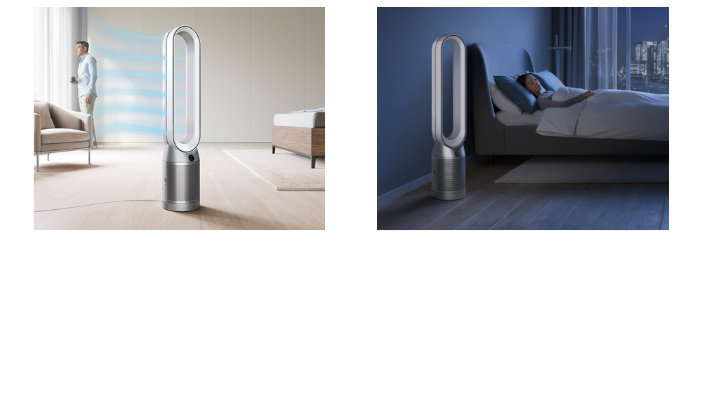 Purified air exiting the back of the purifier , Dyson purifier in a dark bedroom with someone sleeping peacefully