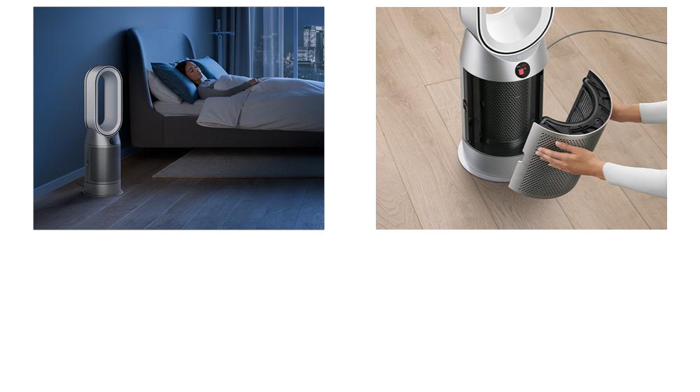 Dyson purifier in a dark bedroom with someone sleeping peacefully , Someone changing their filter