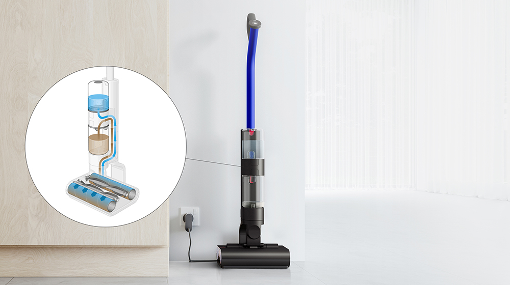 Dyson WashG1正在充電，旁邊是自行清潔循環的內部運作圖