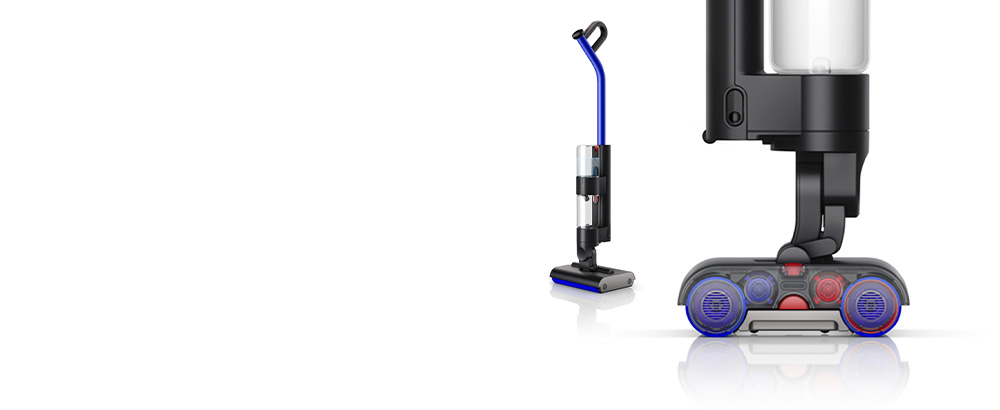 兩個Dyson WashG1雙驅四刷無線洗地機：一個是完整機器，另一個是滾筒的剖面圖