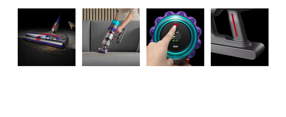 Cutaway of Dyson Motorbar cleaner head technology, De-tangling Hair screw tool vacuuming a sofa, Close-up of the power button, Close-up of the handle