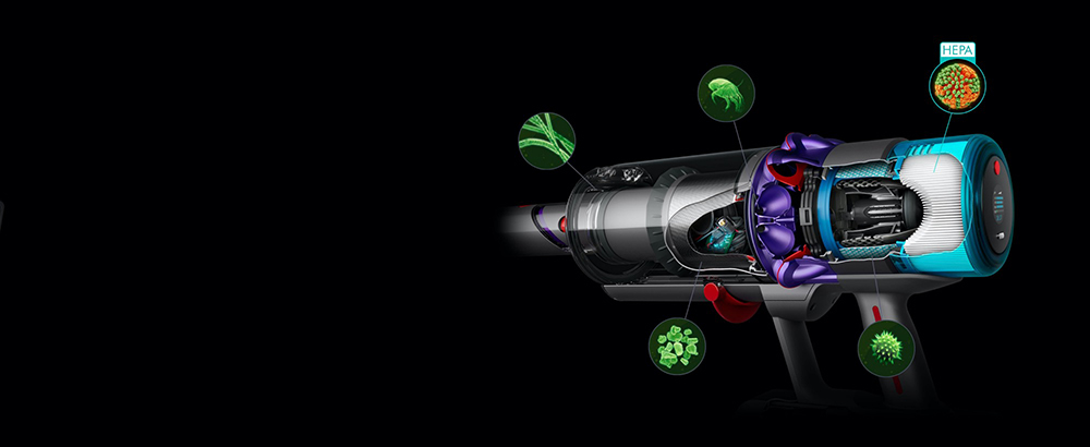 Cutaway showing airflow through powerful Dyson cyclones into fully-sealed HEPA filtration system.