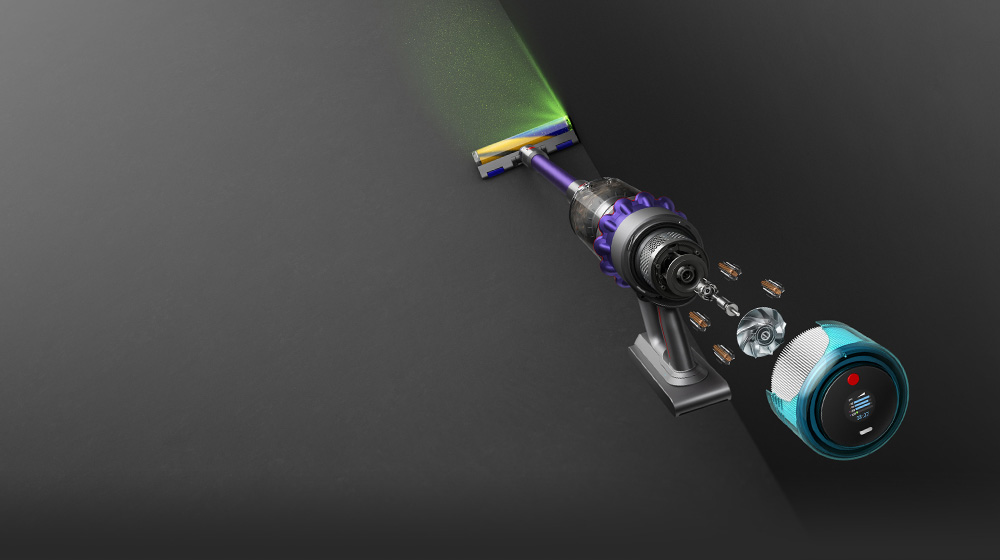 Overhead view of Dyson Gen5detect, highlighting the LCD screen and the illuminated cleaner head.