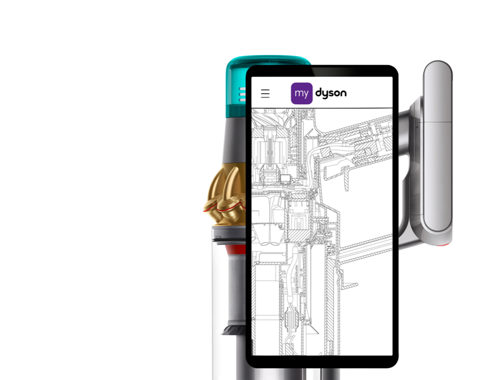 Dyson cordless vacuum, with a phone positioned on top of the machine. Phone screen shows line drawing of the inside of the machine.