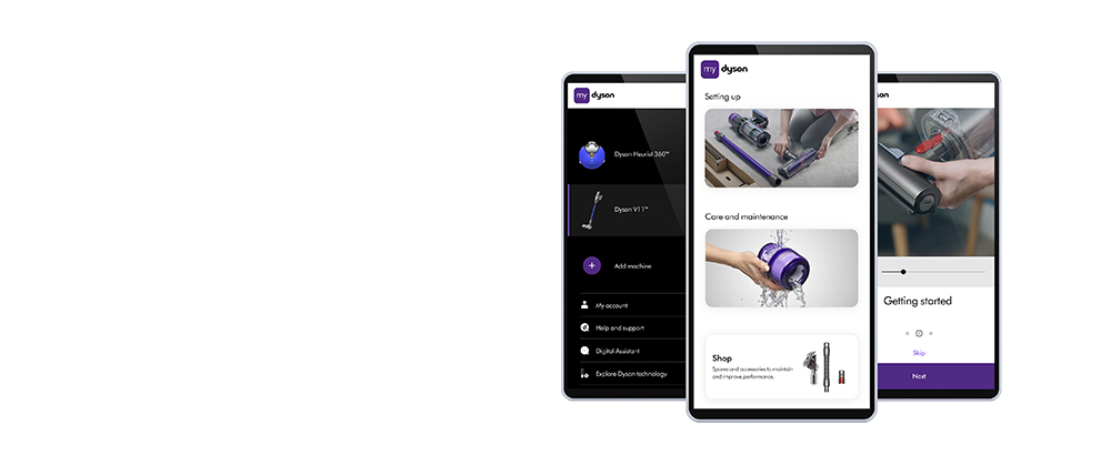 Three phone screens showing the My Dyson app.