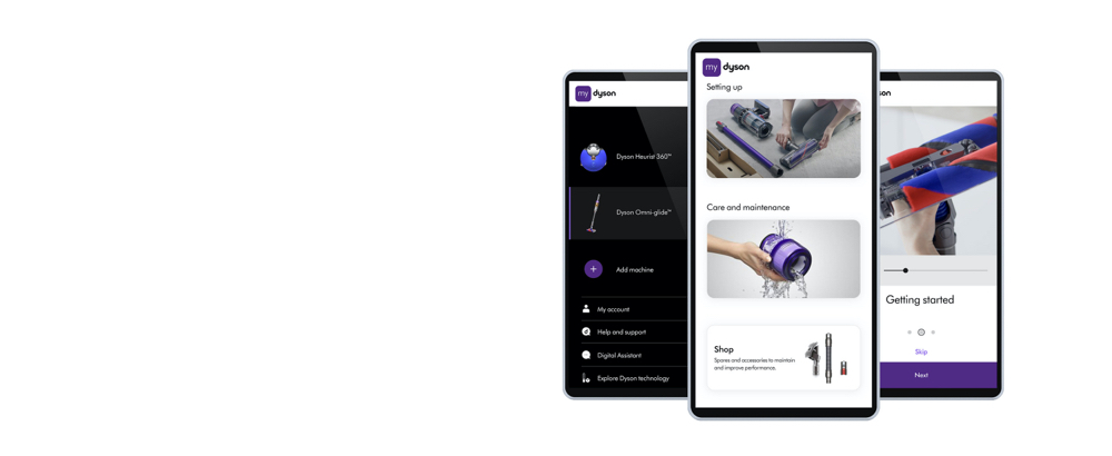 Three phone screens showing the My Dyson app.