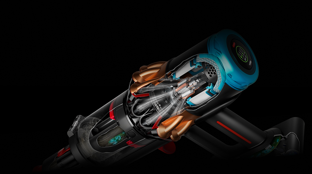 剖視圖展示 Dyson V16 Piston Animal 強勁雙錐吸塵器內部強大的 Hyperdymium 900w 馬達。