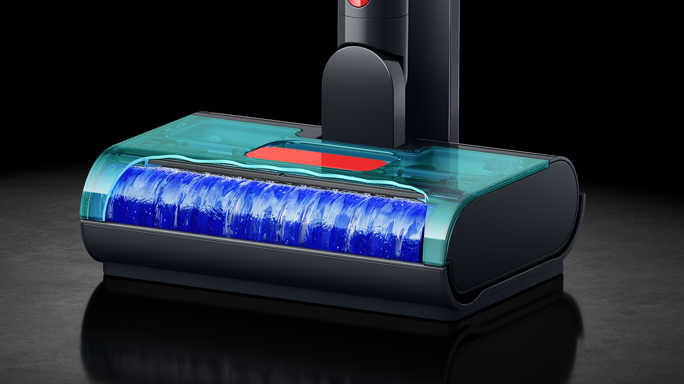 Dyson W1 PencilWash 在充電座上自動清潔的特寫畫面。