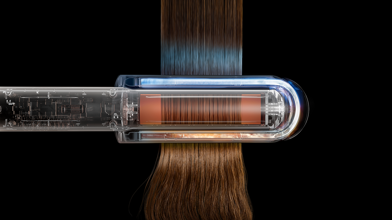 剖面圖展示 Dyson Corrale CoolShine 直捲髮造型器內部的銅管。