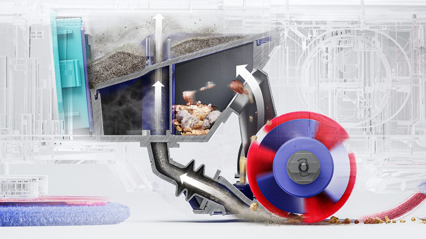剖面圖顯示 Dyson Nurovi 吸塵機械人內部的Twin-capture系統。
