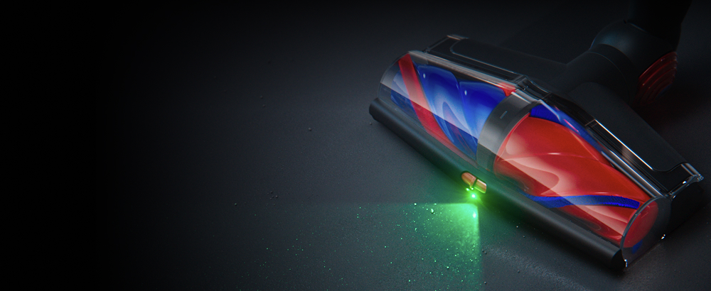 The All Floor Cones Sense cleaner head illuminates hidden dust on hard floors.