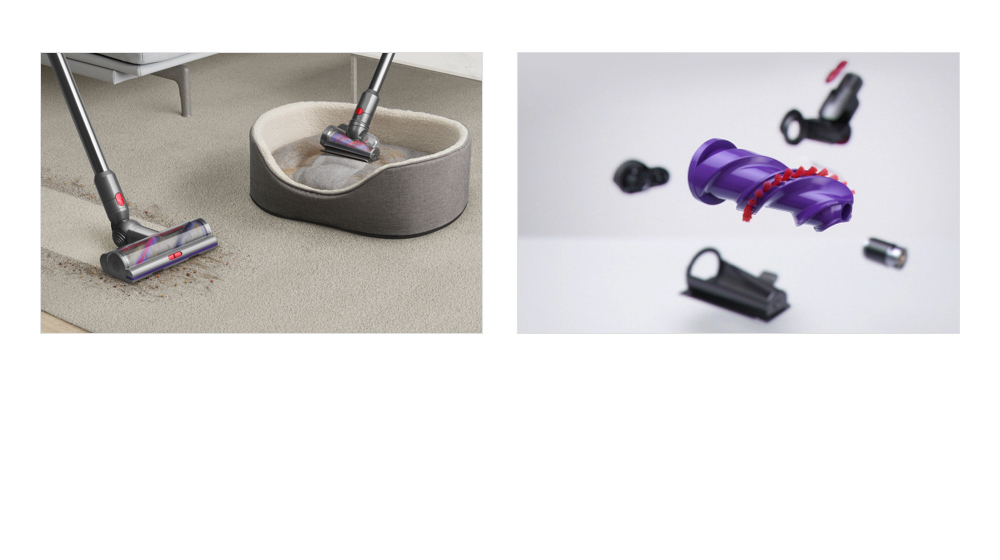 Dyson V8 vacuum in handheld mode, Woman emptying a Dyson V8 vacuum, Woman storing Dyson V8 vacuum in Wall Dok