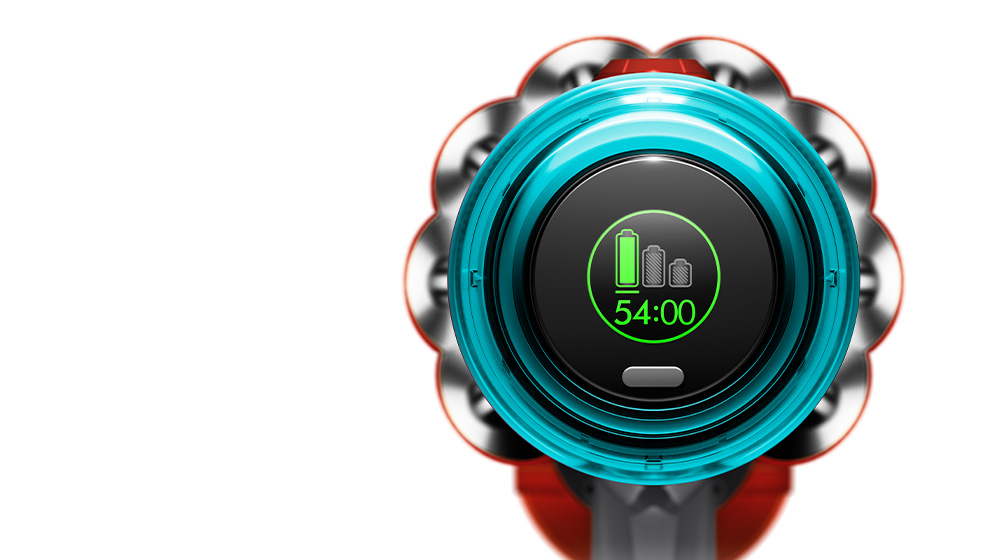 Close up of the LCD screen showing green Eco mode and remaining run time.