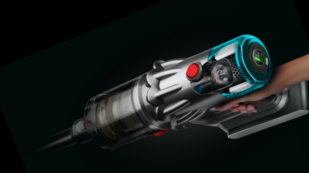 Cutaway revealing the interior of the Dyson V12 Origin vacuum filtration unit.