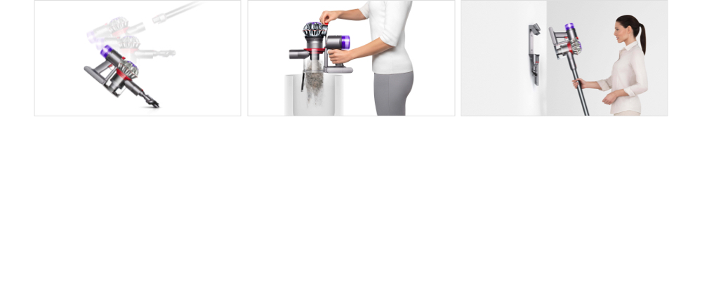 Dyson V8 vacuum in handheld mode, Woman emptying a Dyson V8 vacuum, Woman storing Dyson V8 vacuum in Wall Dok