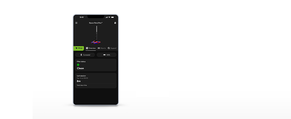 Hand holding a phone with the My Dyson app open on-screen