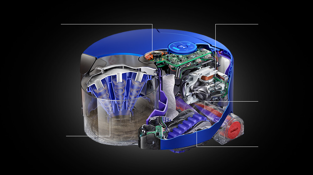 展示Dyson 360 Heurist吸塵機器人內部科技裝置的剖視圖 