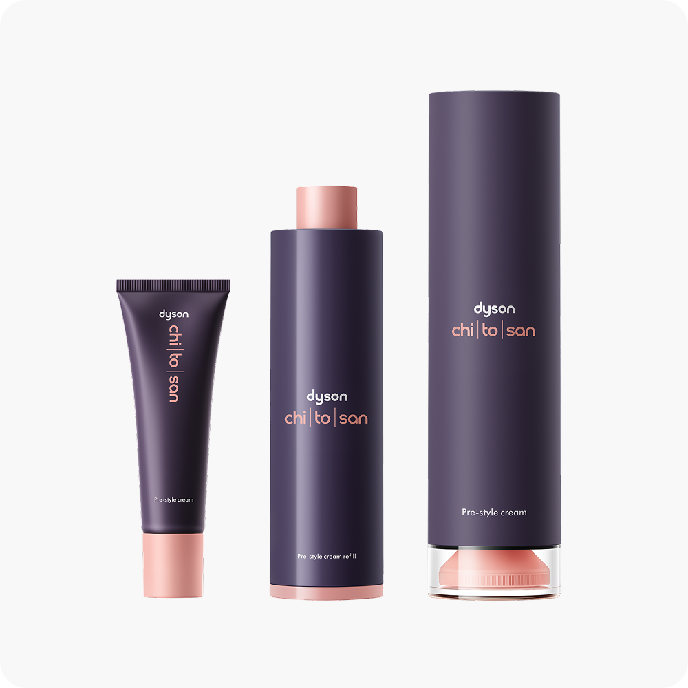 The Dyson Chitosan range of products in travel and full size variants.