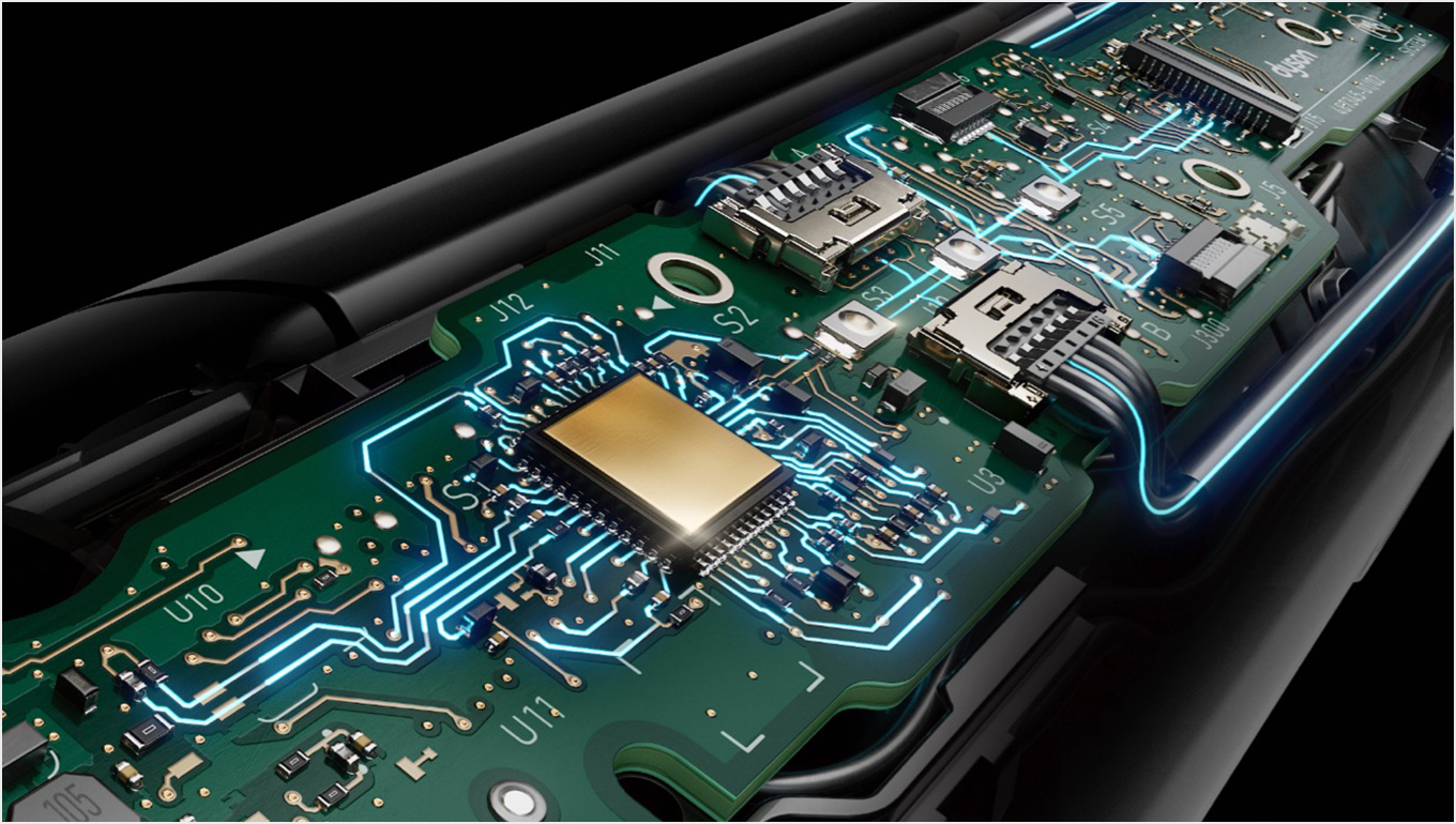 A detailed cutaway view of the inside of the Dyson Airstrait straightener, showing the heating system.