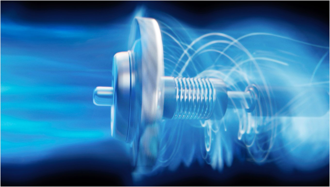 A side-on view of the Hyperdymium motor, with airflow visualised in bright blue.