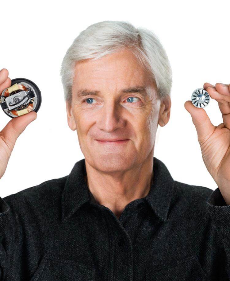 James Dyson comparing large, conventional motor with smaller Dyson digital motor V9