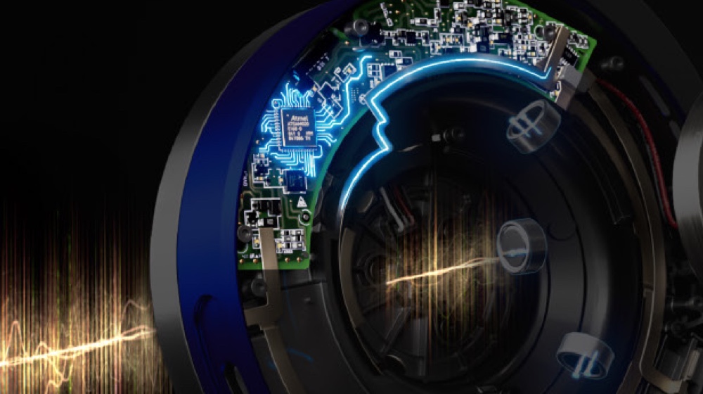 Exploded view shows the circuit board inside the ear cup.