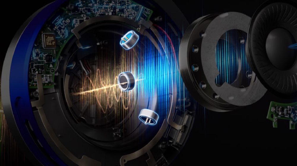 Exploded view shows the noise-cancelling microphones.