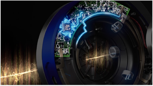 Exploded view shows the circuit board inside the ear cup.