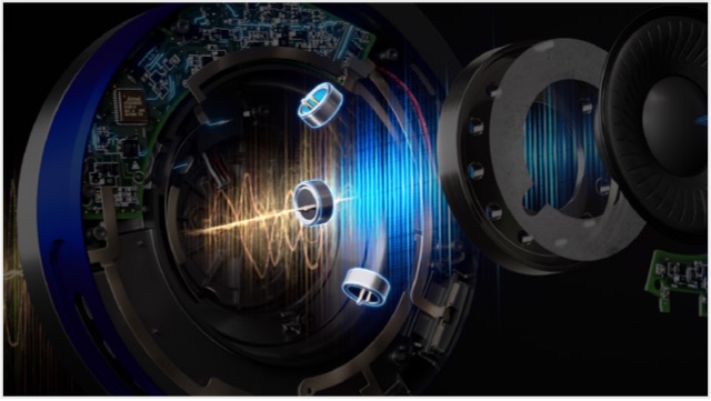 Exploded view shows the noise-cancelling microphones.