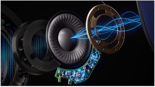 Exploded view shows a representation of different frequency ranges inside the headphones.