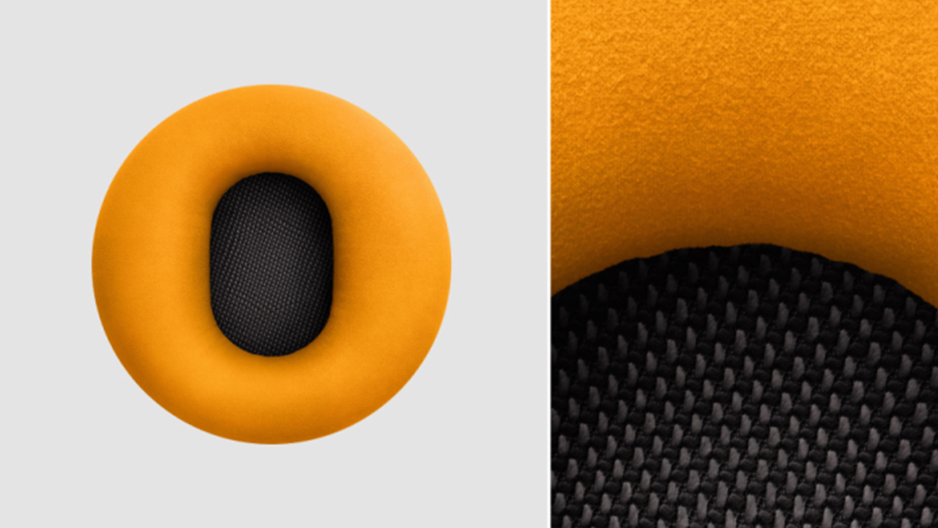 A close-up shot and an extreme close-up shot of an ear cushion for Dyson OnTrac headphones.